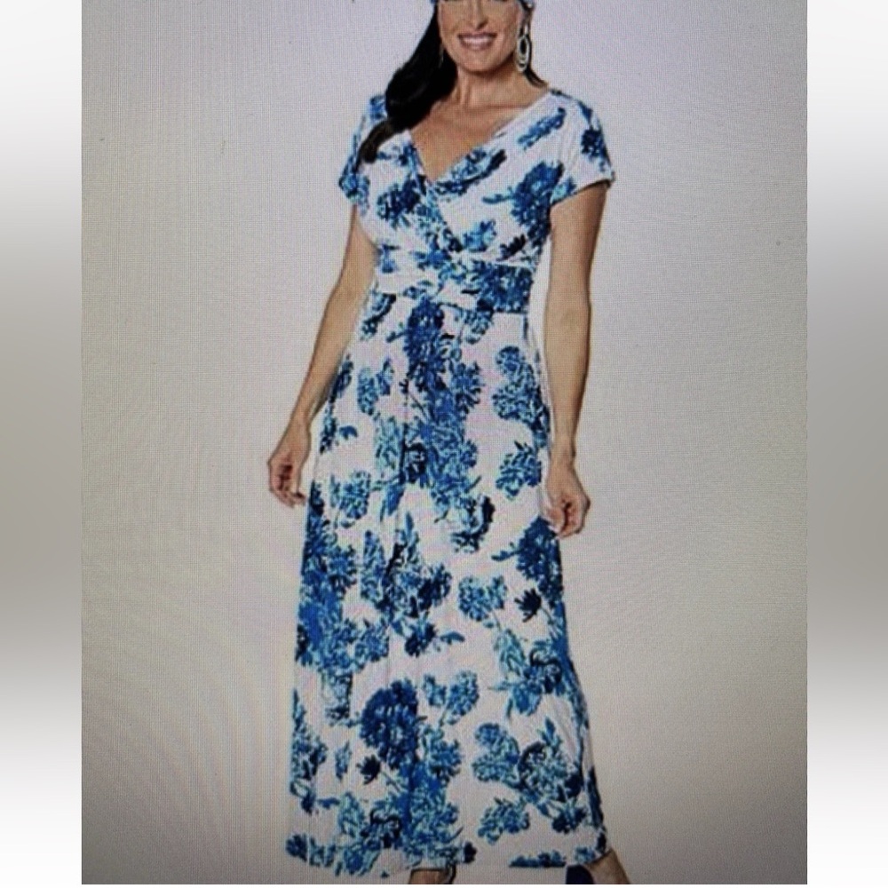 IMAN global chic Blue White Floral Wrap Maxi Dress NEW sleeveless flowy stretchy